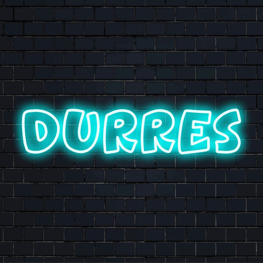 Durres Neon Light with neon text light on black brick background