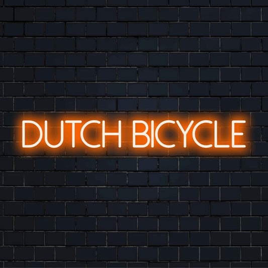 Dutch Bicycle Neon Sign, glowing lettering on dark brick background