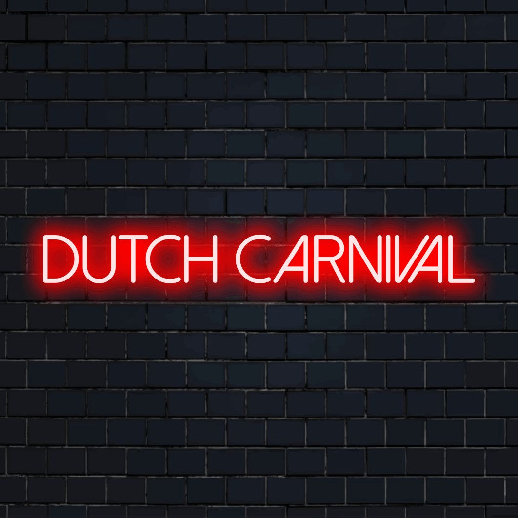 Dutch Carnival LED Neon Sign, bright neon glow on black brick background
