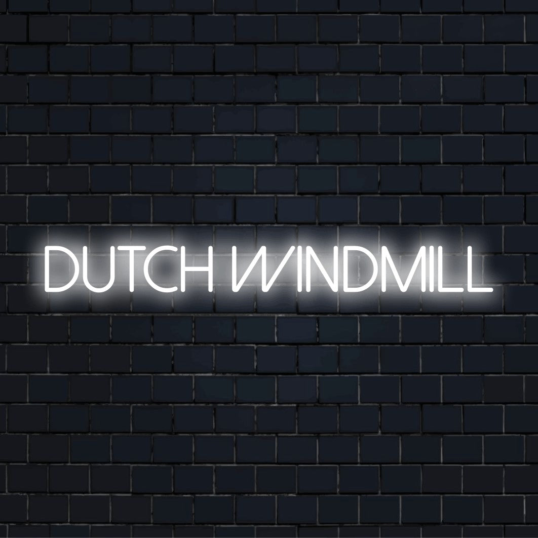 Dutch Windmill Neon Light with glowing neon text on dark brick wall