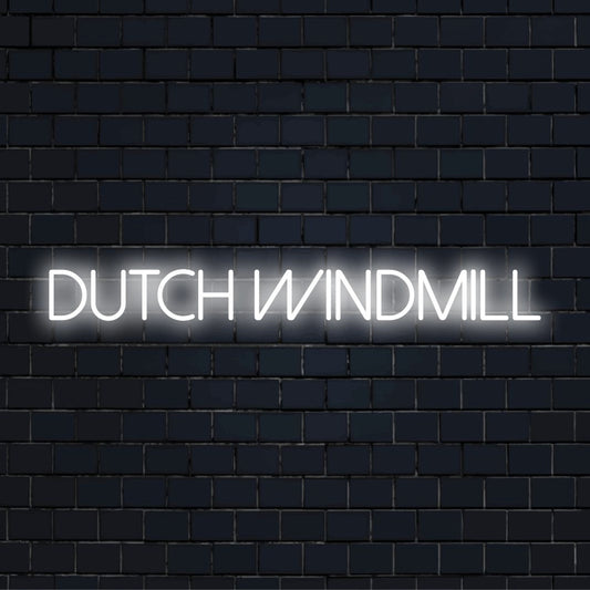 Dutch Windmill Neon Light with glowing neon text on dark brick wall