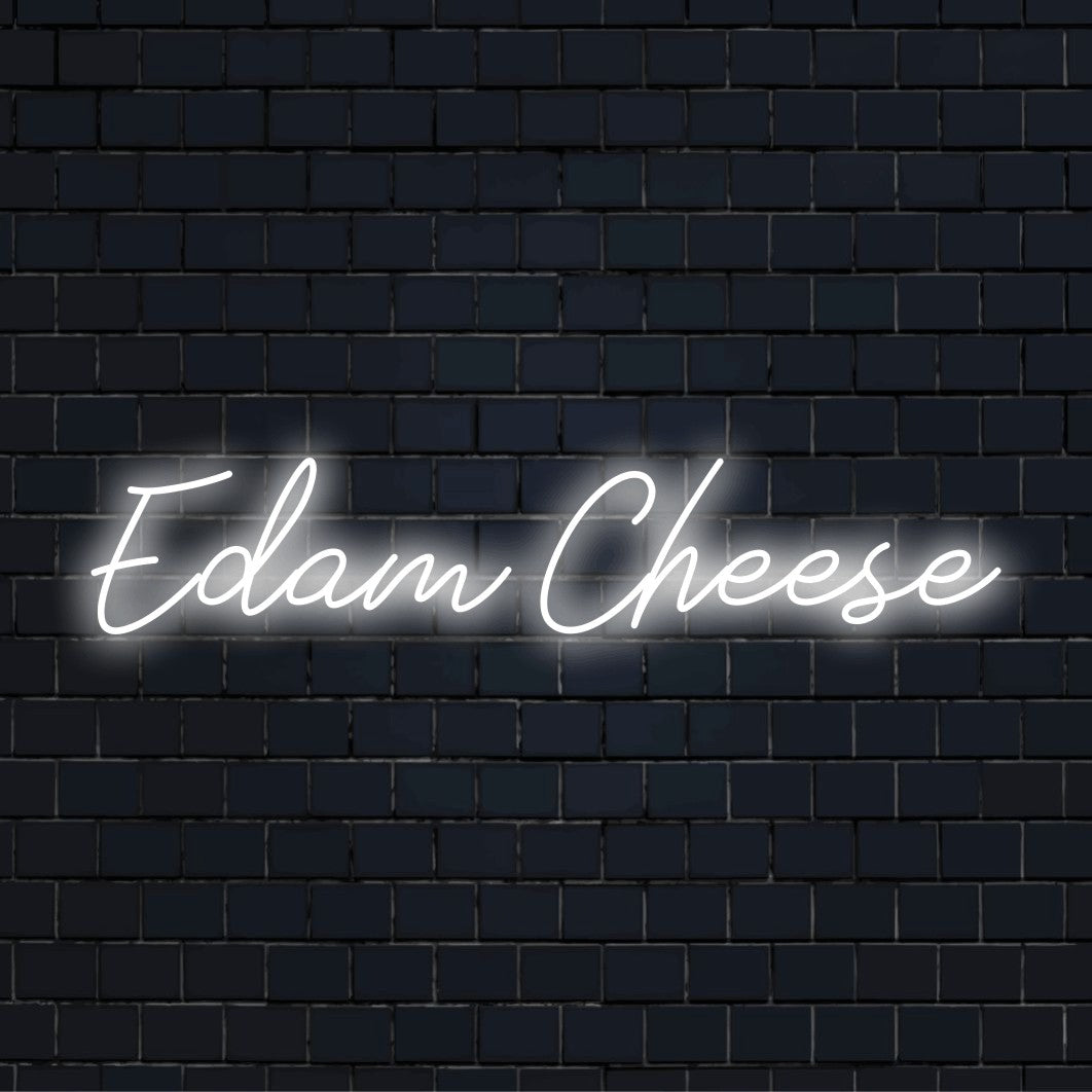Edam Cheese Neon Sign, bright neon lettering on black brick background