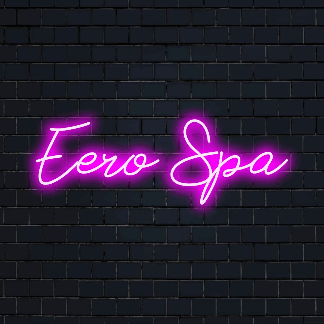 Eero Spa Personalized LED Neon Sign, bright LED glow on black brick background