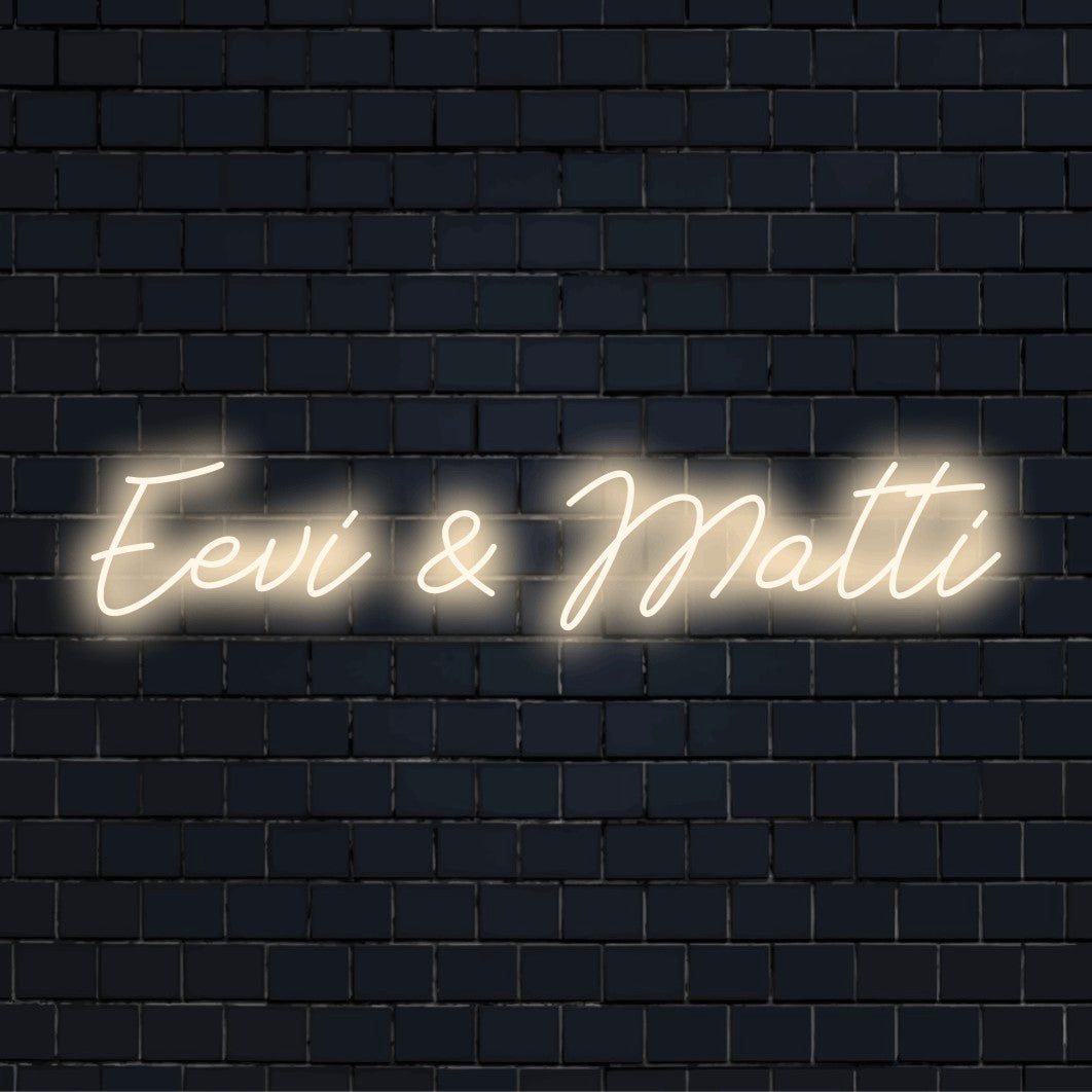 Eevi _ Matti Personalized LED Neon Sign, glowing lettering on black brick background