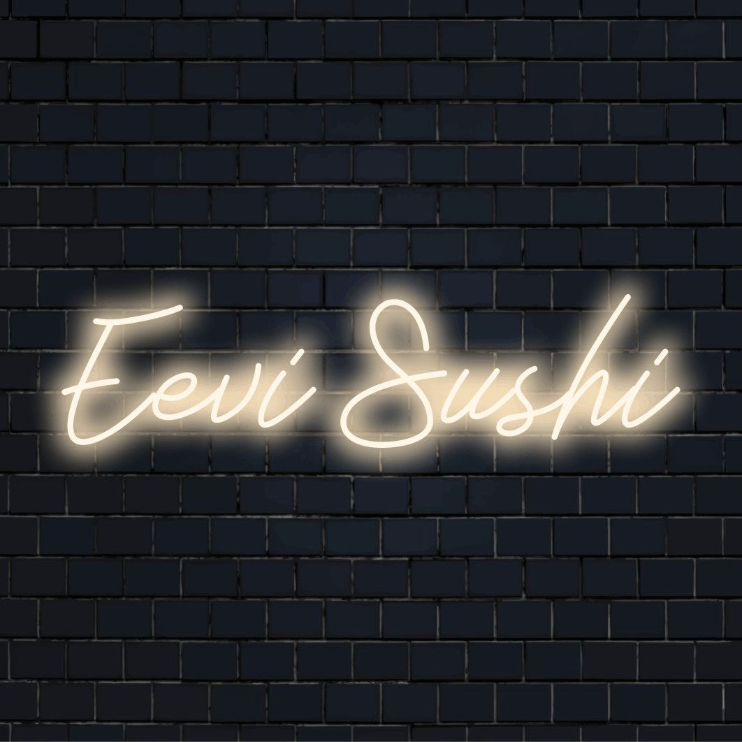 Eevi Sushi Custom Name Neon Sign, bright neon lettering on dark brick wall