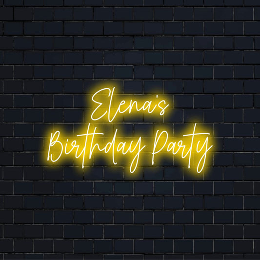 Elena_s Birthday Party Personalized LED Neon Sign, bright neon lettering on dark brick background