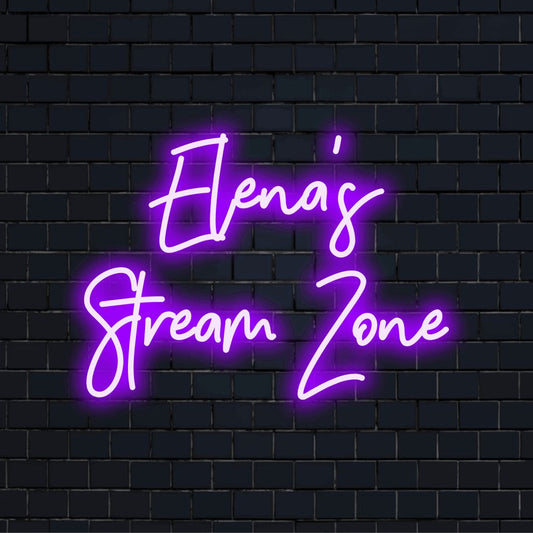 Elena_s Stream Zone Personalized LED Neon Sign, glowing wall decor on black brick background