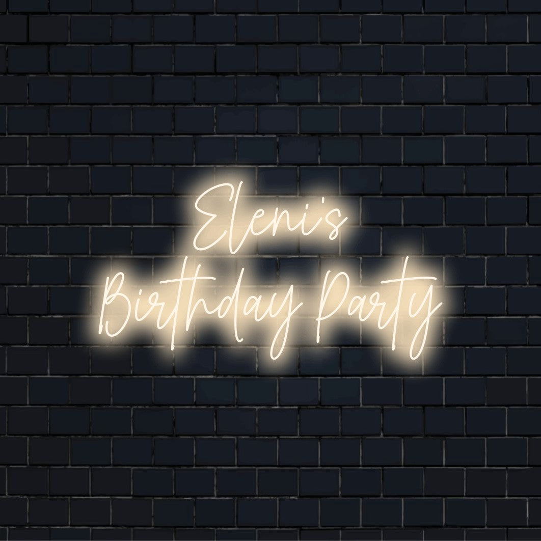 Eleni_s Birthday Party Custom Name Neon Sign, bright neon glow against black brick wall