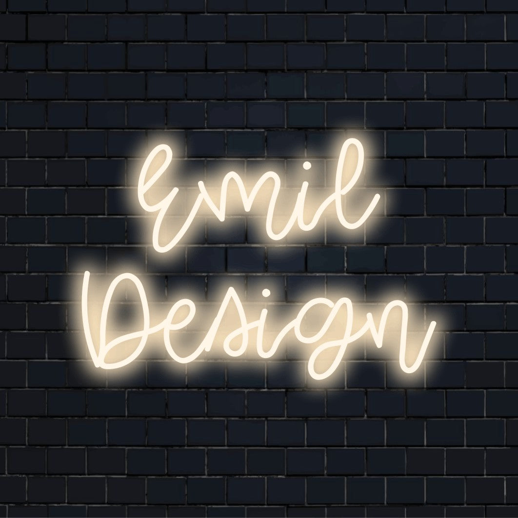 Emil Design Personalized LED Neon Sign, glowing lettering against brick backdrop