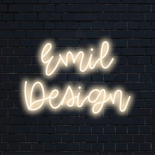 Emil Design Personalized LED Neon Sign, glowing lettering against brick backdrop