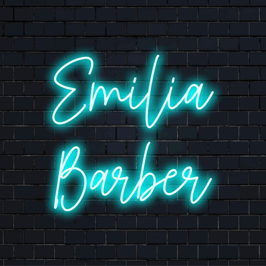 Emilia Barber Personalized LED Neon Sign, bright neon glow on dark brick wall