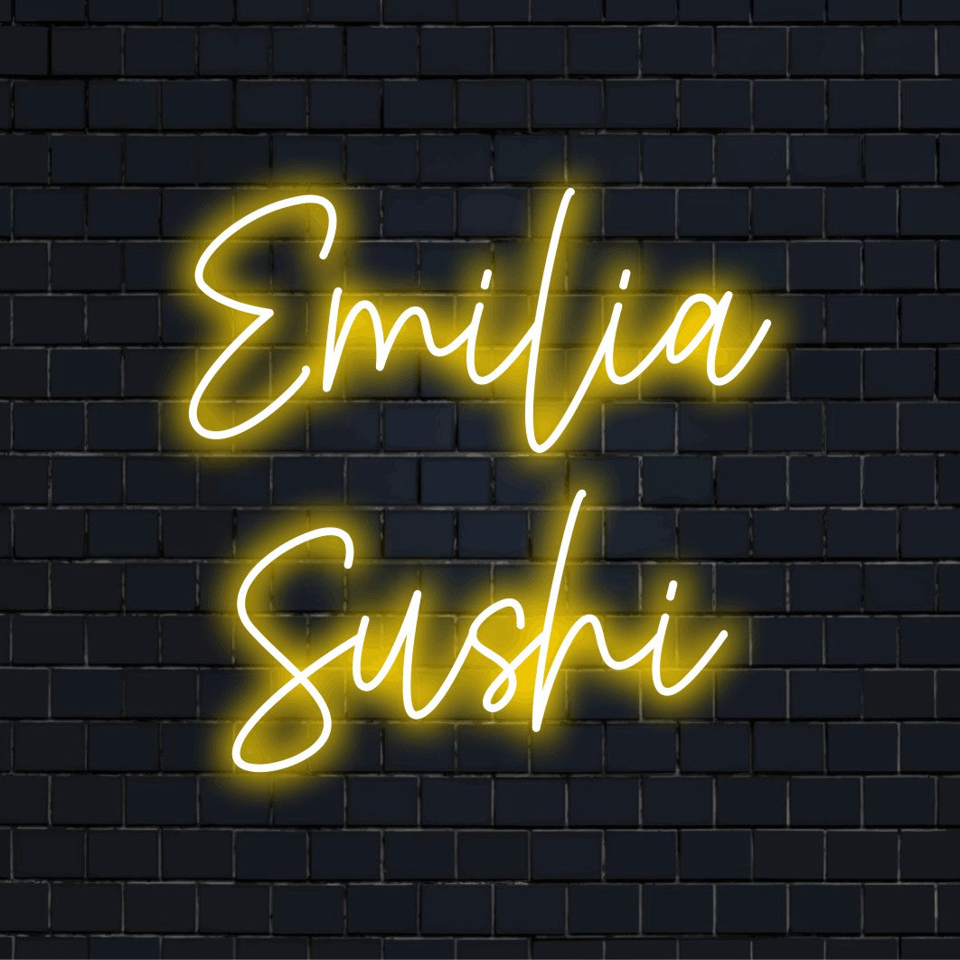 Emilia Sushi Personalized Neon Light with glowing lettering on black brick background