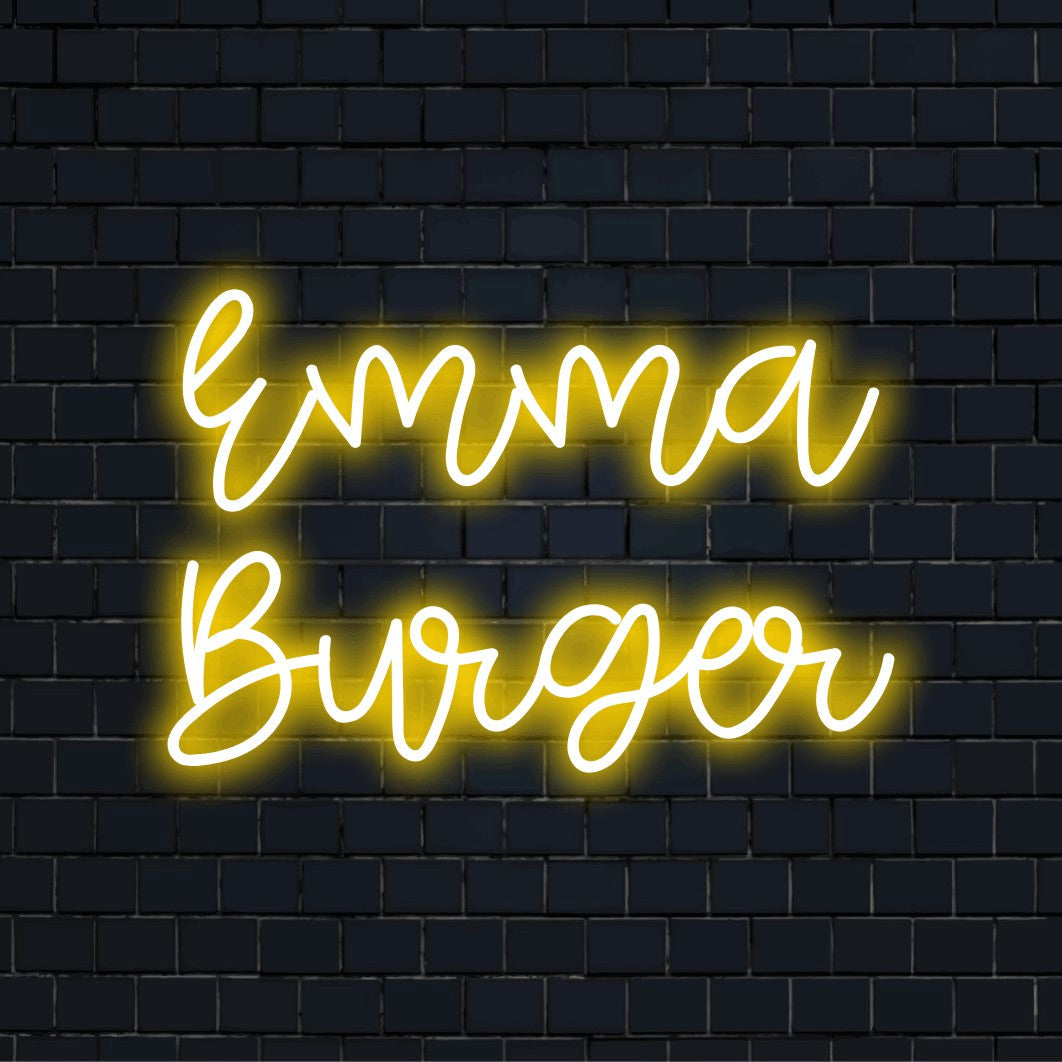 Emma Burger Personalized LED Neon Sign, glowing wall decor on dark brick wall