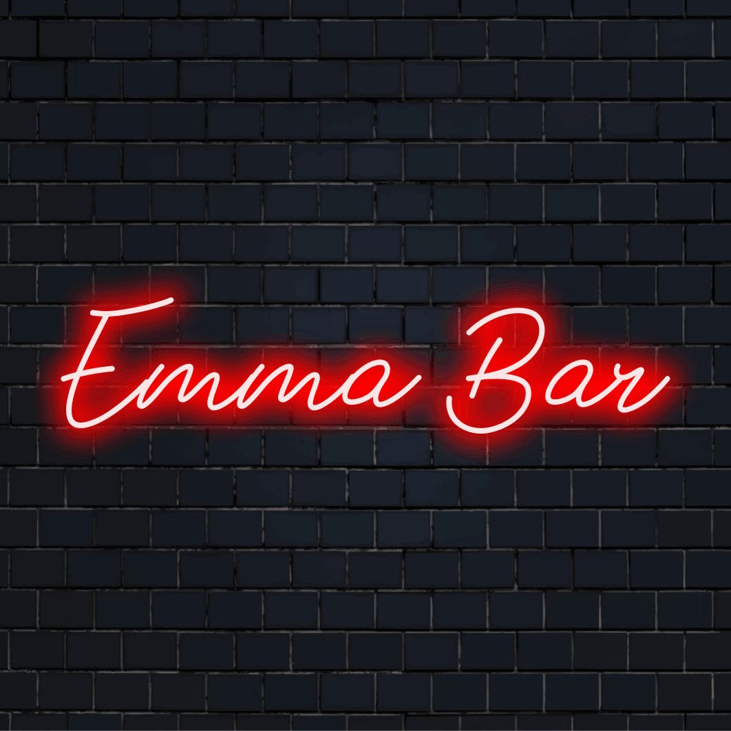 Emma Bar Custom Name Neon Sign, glowing wall decor on black brick background
