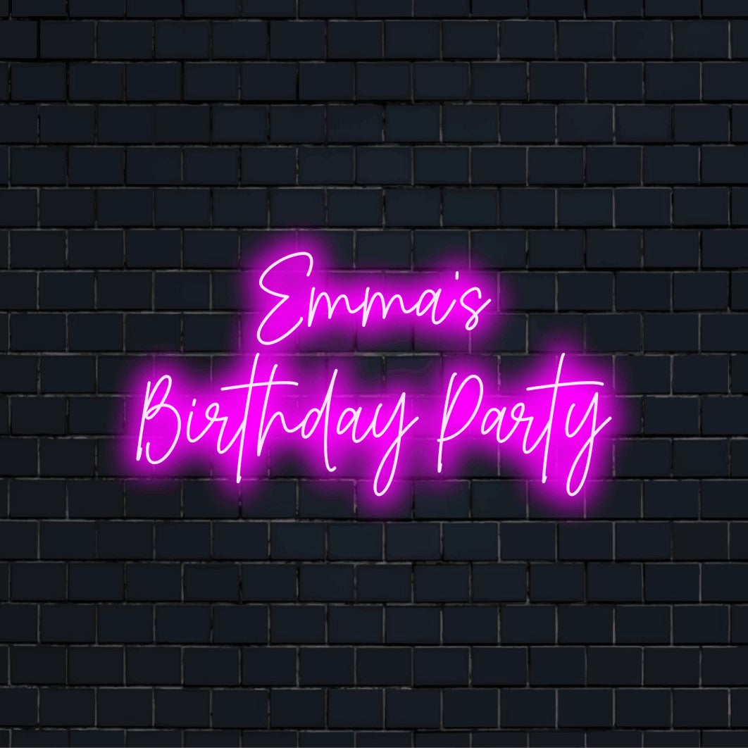 Emma_s Birthday Party Custom Name Neon Sign, glowing neon text on dark brick wall