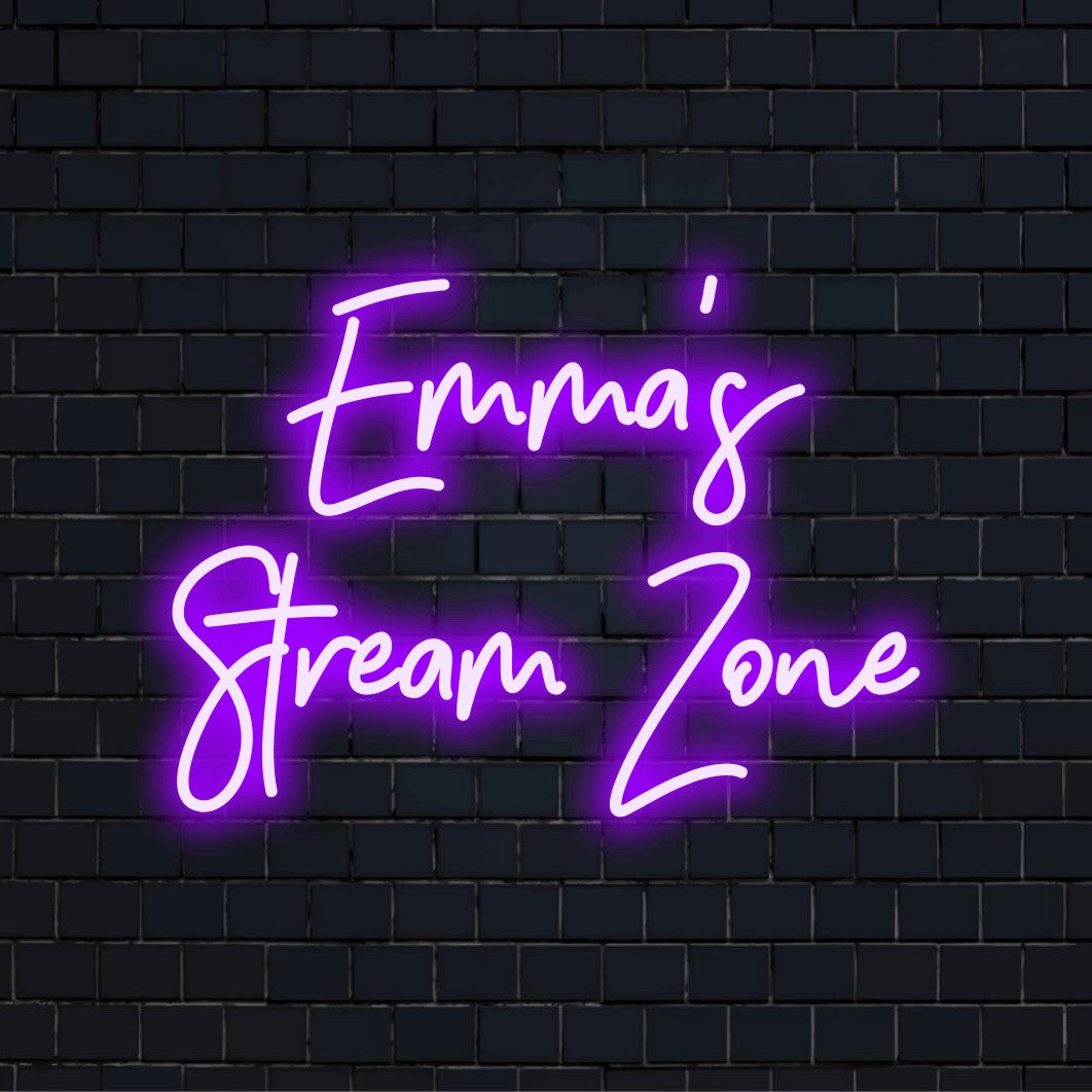 Emma_s Stream Zone Personalized LED Neon Sign, soft neon glow on dark brick wall