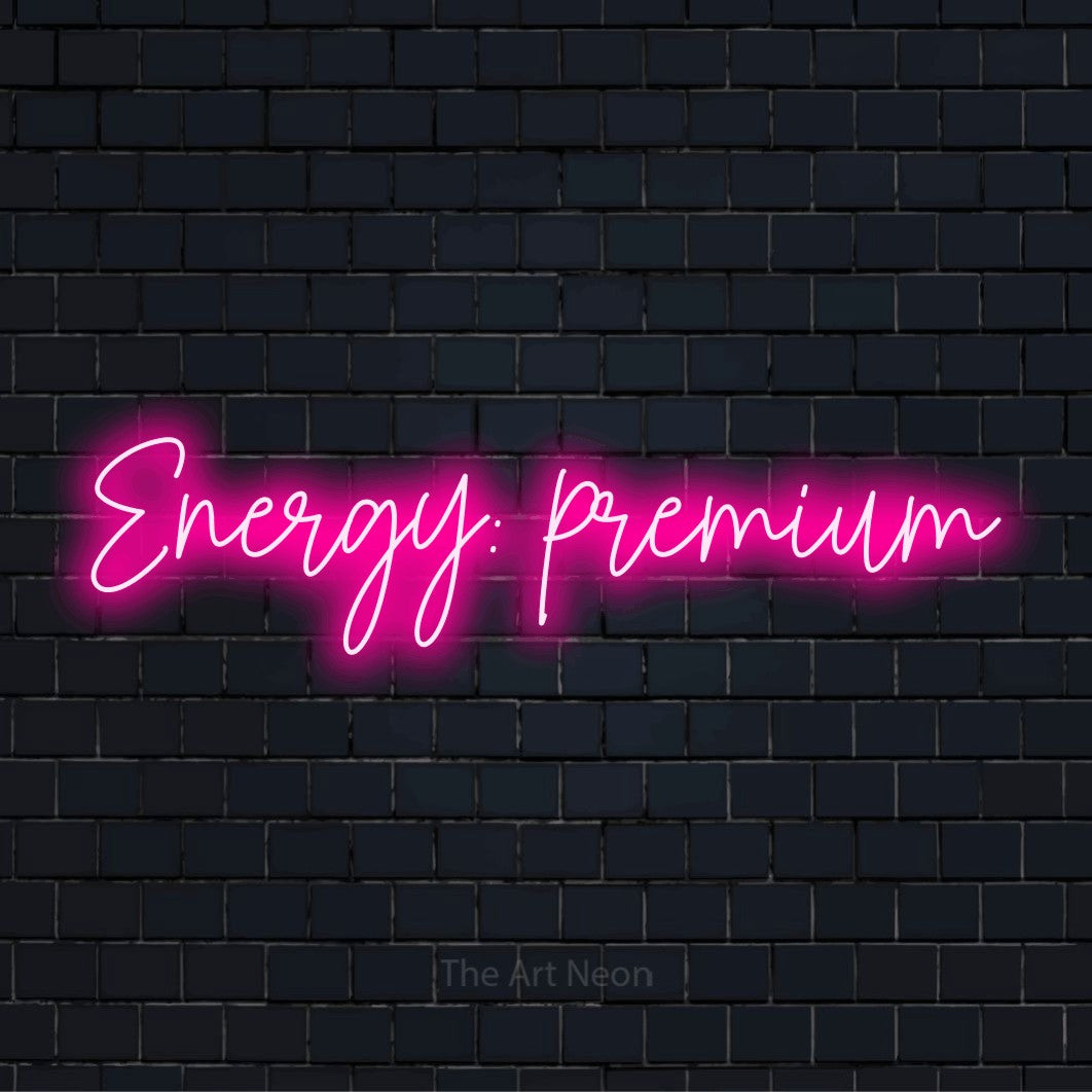"Energy: Premium" text design with neon effect on a black brick wall