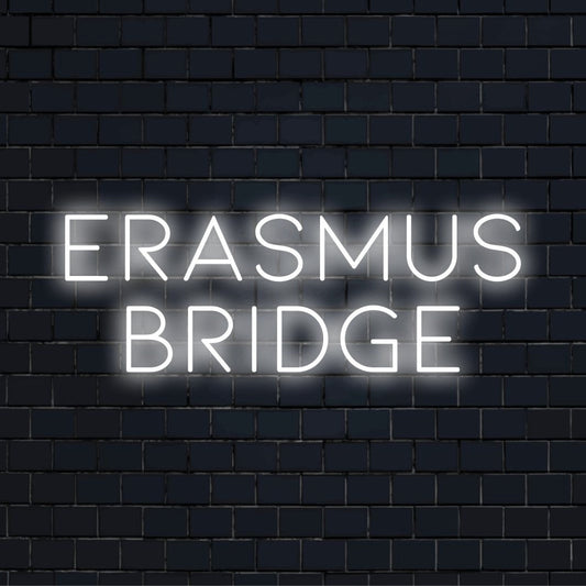 Erasmus Bridge Neon Light with glowing neon text on black brick background