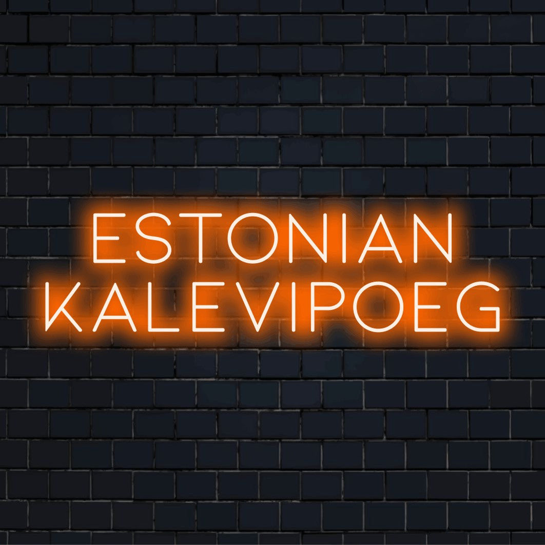 Estonian Kalevipoeg Neon Light with glowing lettering on dark brick background