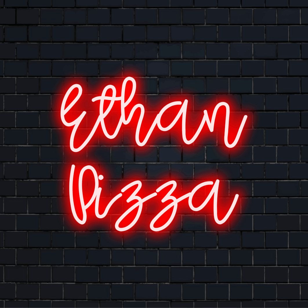 Ethan Pizza Custom Name Neon Sign, bright LED glow against brick backdrop