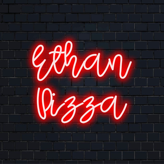 Ethan Pizza Custom Name Neon Sign, bright LED glow against brick backdrop