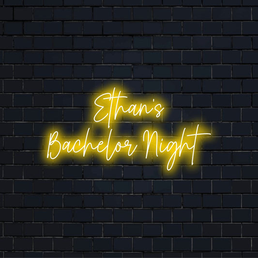 Ethan_s Bachelor Night Custom Name Neon Sign, bright neon lettering on dark brick background