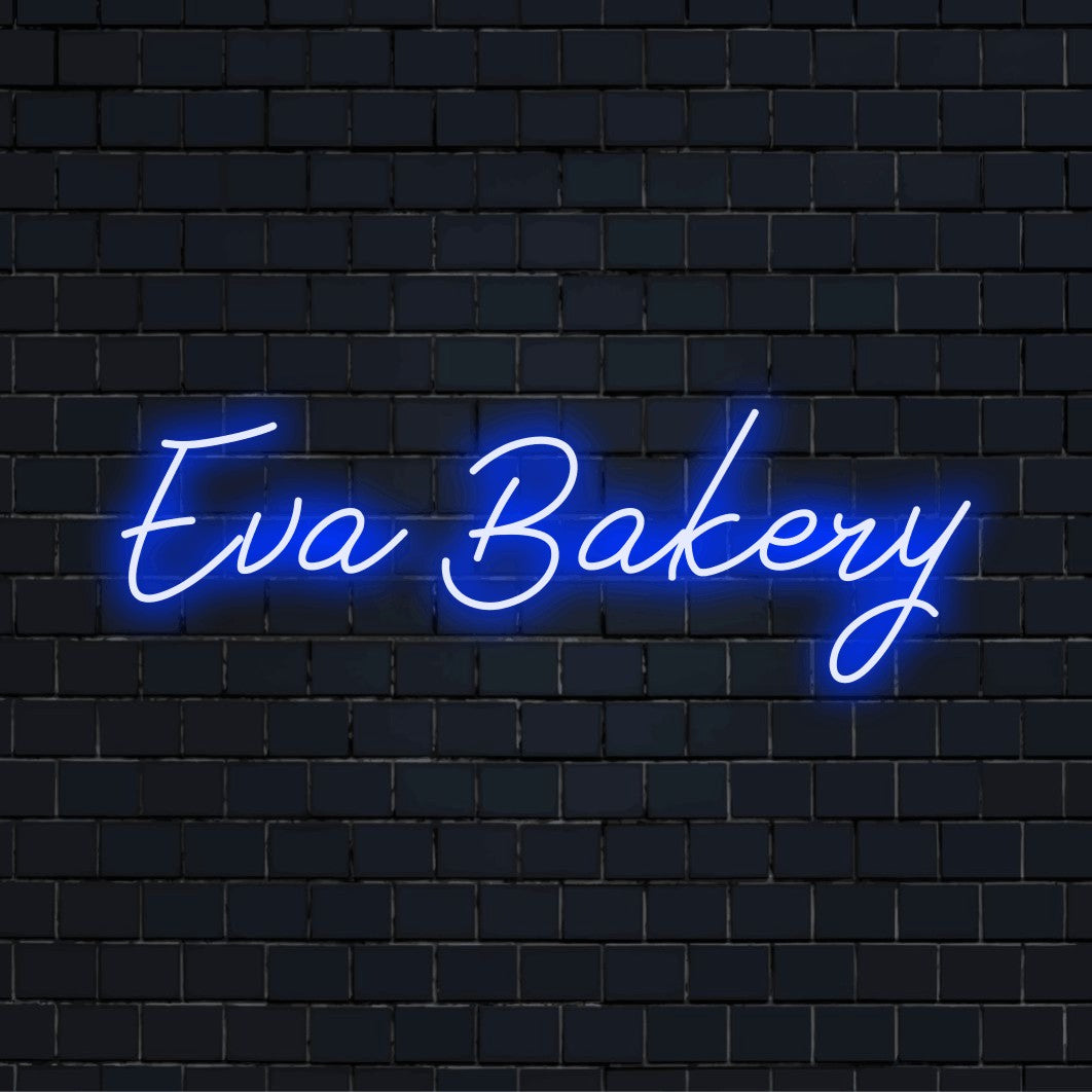 Eva Bakery Custom Name Neon Sign, bright neon glow on dark brick wall