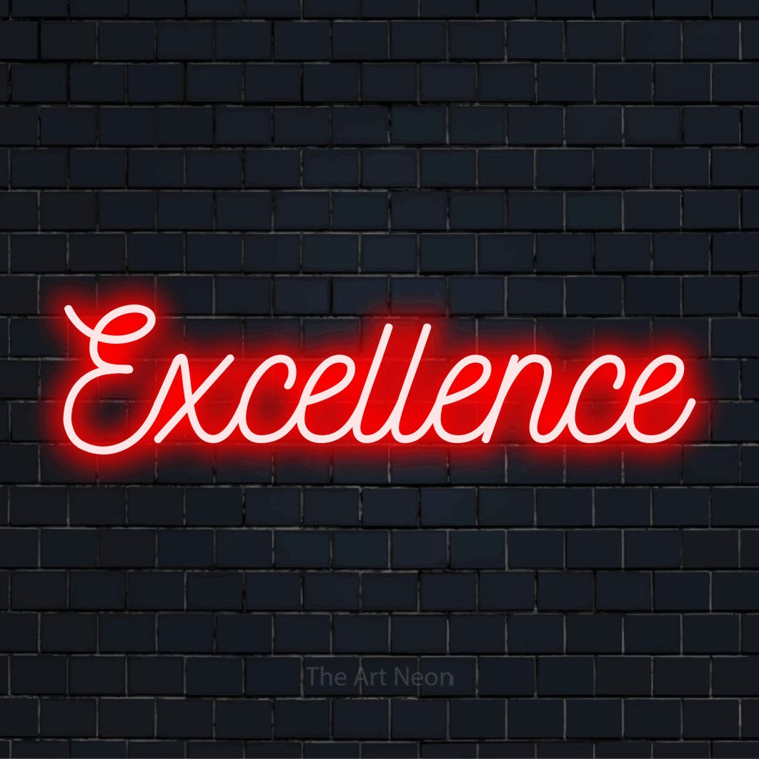 "Excellence" text design with neon effect on a black brick wall
