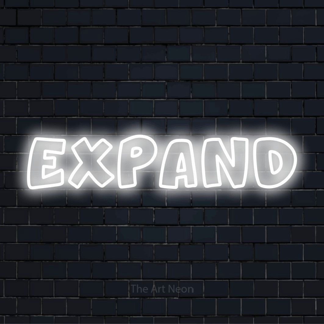 "Expand" text design with neon effect on a black brick wall