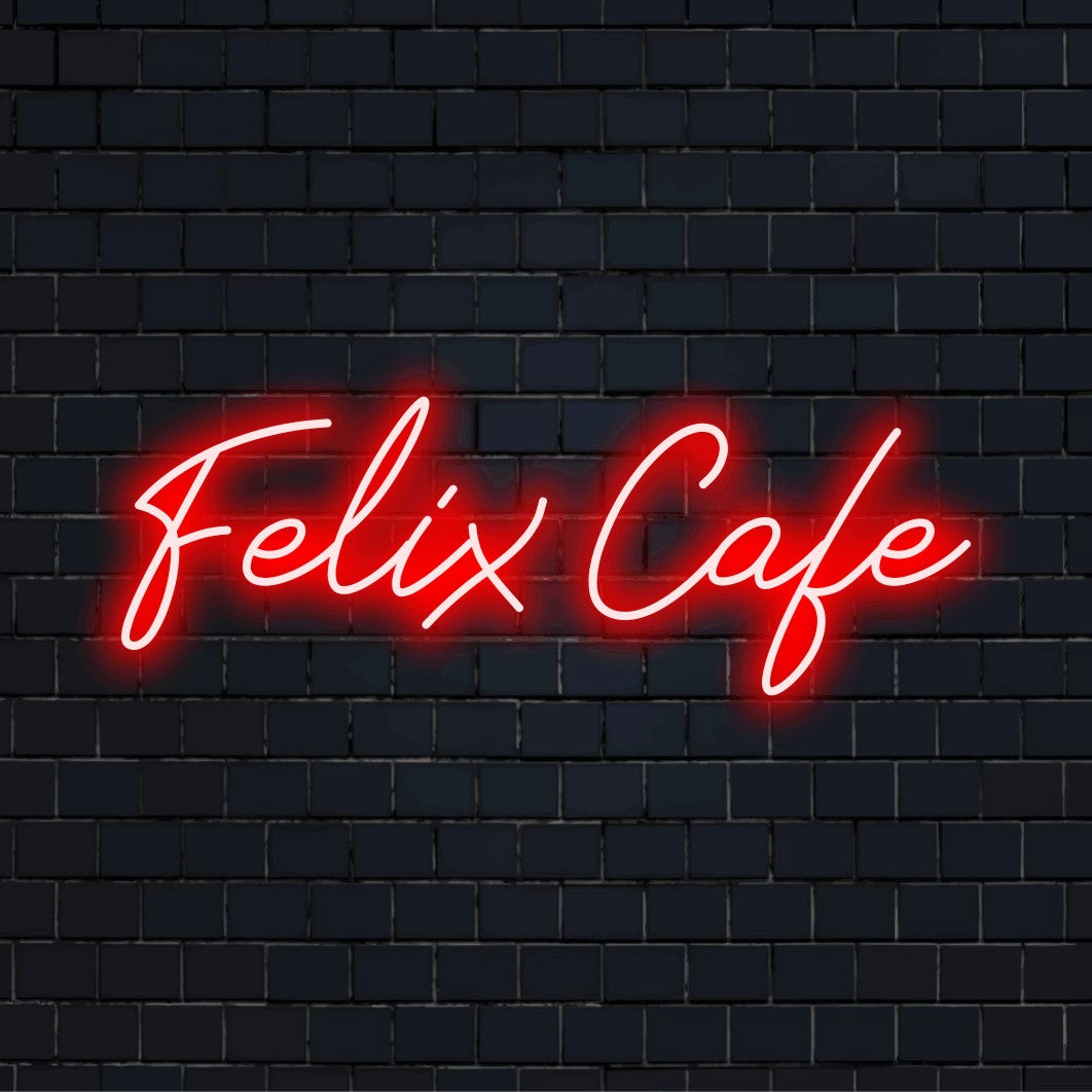 Felix Cafe Custom Name Neon Sign, soft neon glow on dark brick background