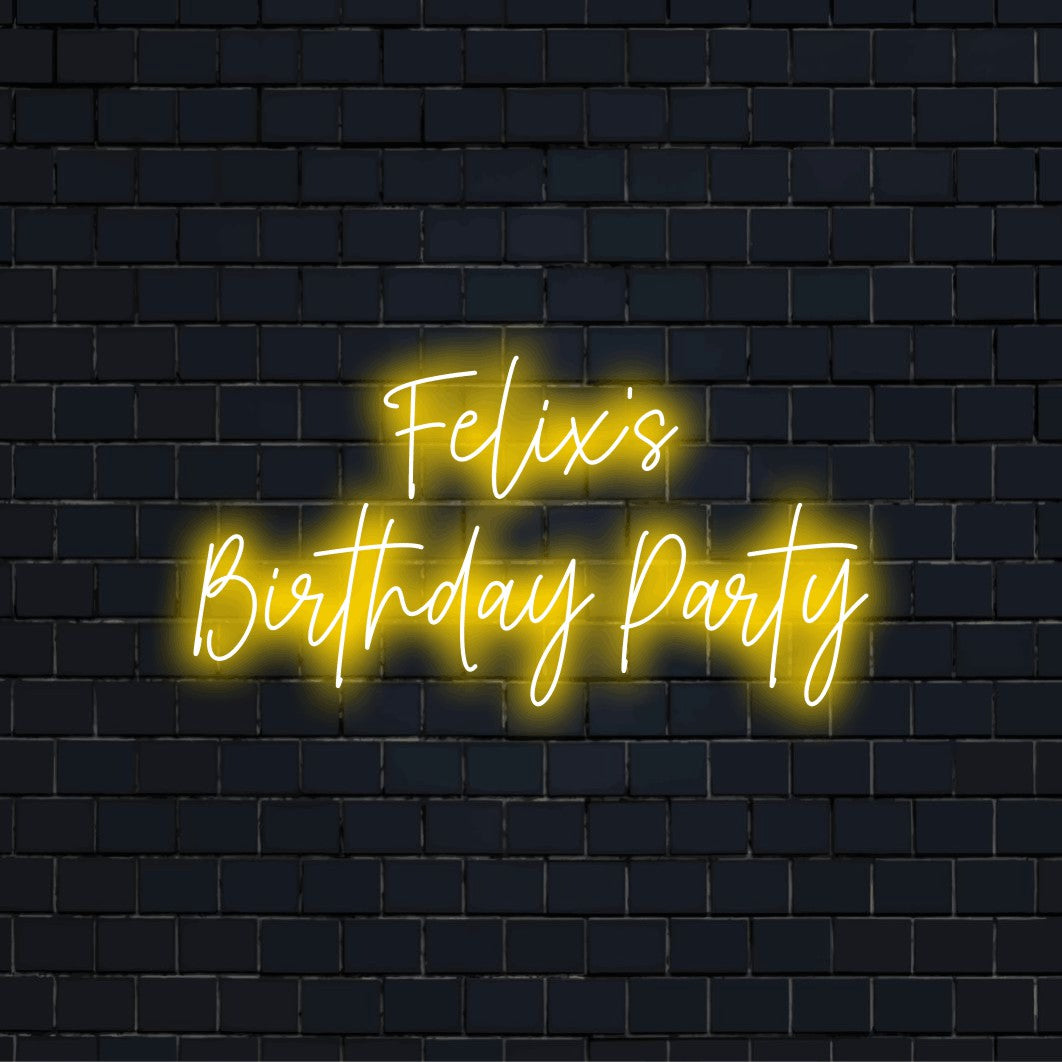 Felix_s Birthday Party Custom Name Neon Sign, neon text light on dark brick background