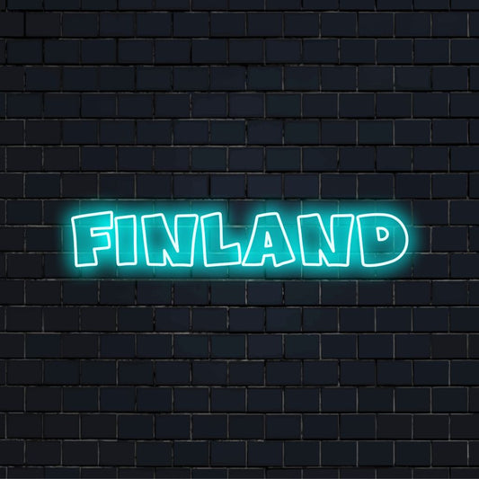 Finland Neon Sign, glowing wall decor on black brick background