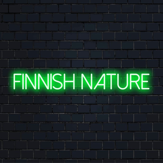 Finnish Nature LED Neon Sign, bright neon glow against black brick wall