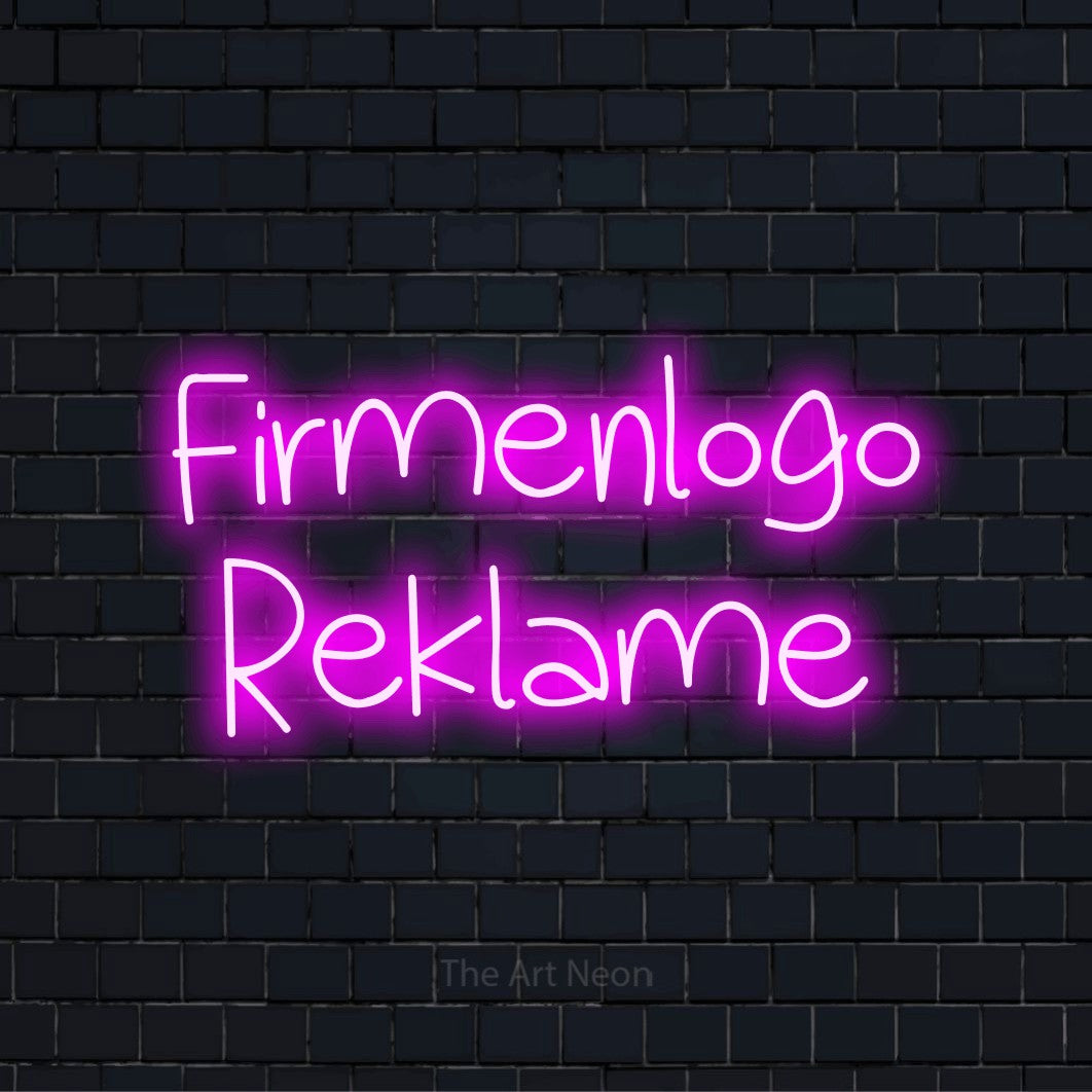 LED-Neonschild mit dem Design „Firmenlogo Reklame“ auf dunkler Ziegelwand