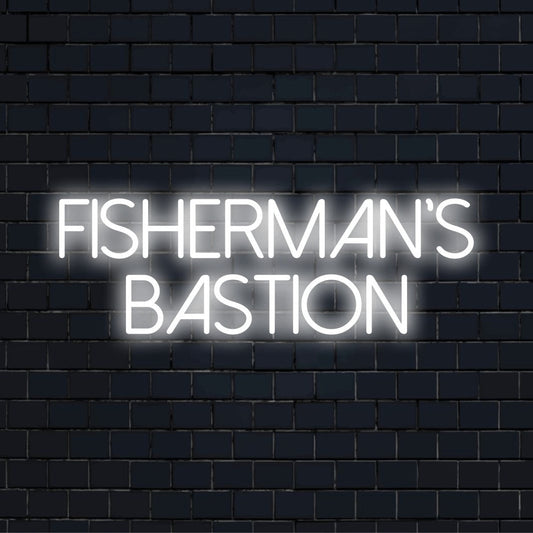 Fisherman S Bastion Neon Light with soft neon glow against black brick wall