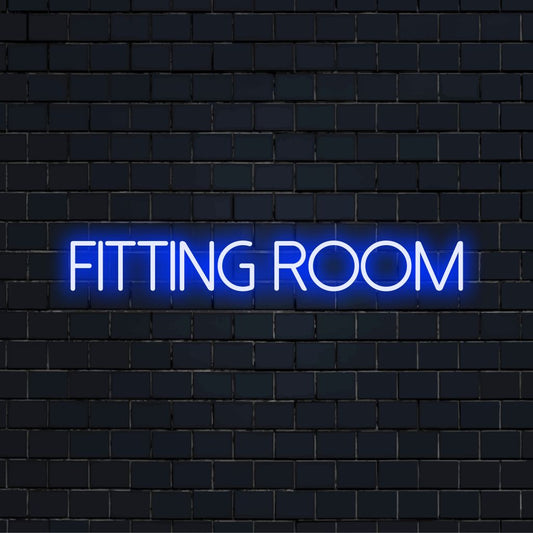 Fitting Room LED Neon Sign, glowing wall decor on black brick background