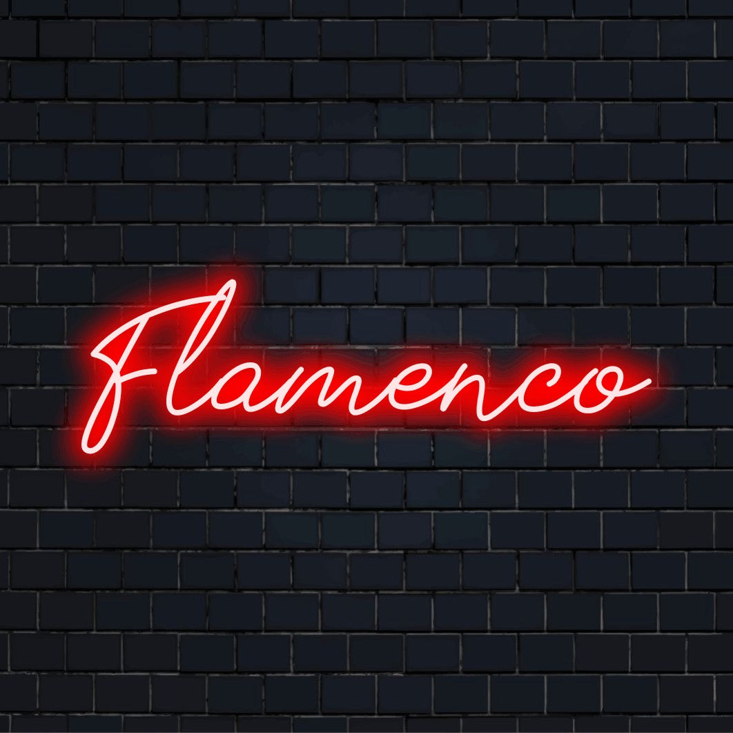 Flamenco LED Neon Sign, bright neon glow against black brick wall