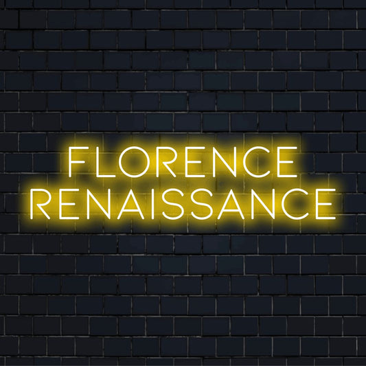 Florence Renaissance Neon Sign, bright neon lettering on dark brick background