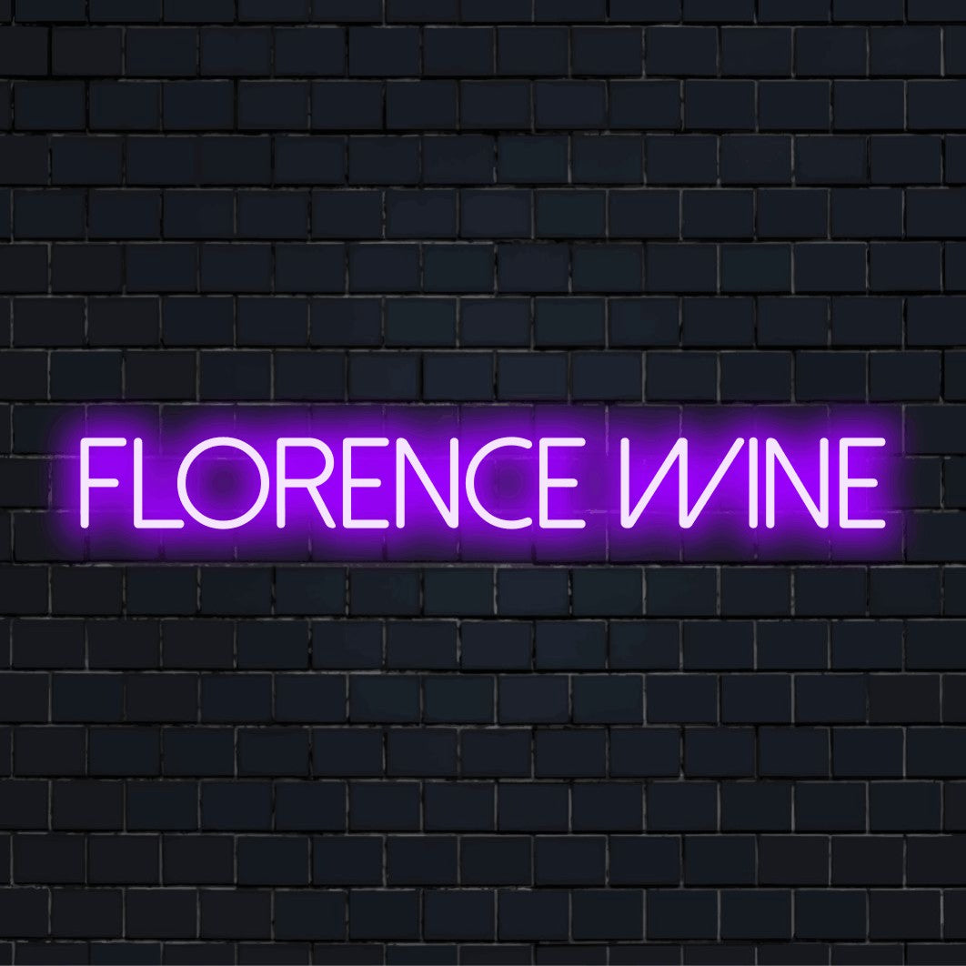 Florence Wine Neon Sign, glowing neon text against brick backdrop