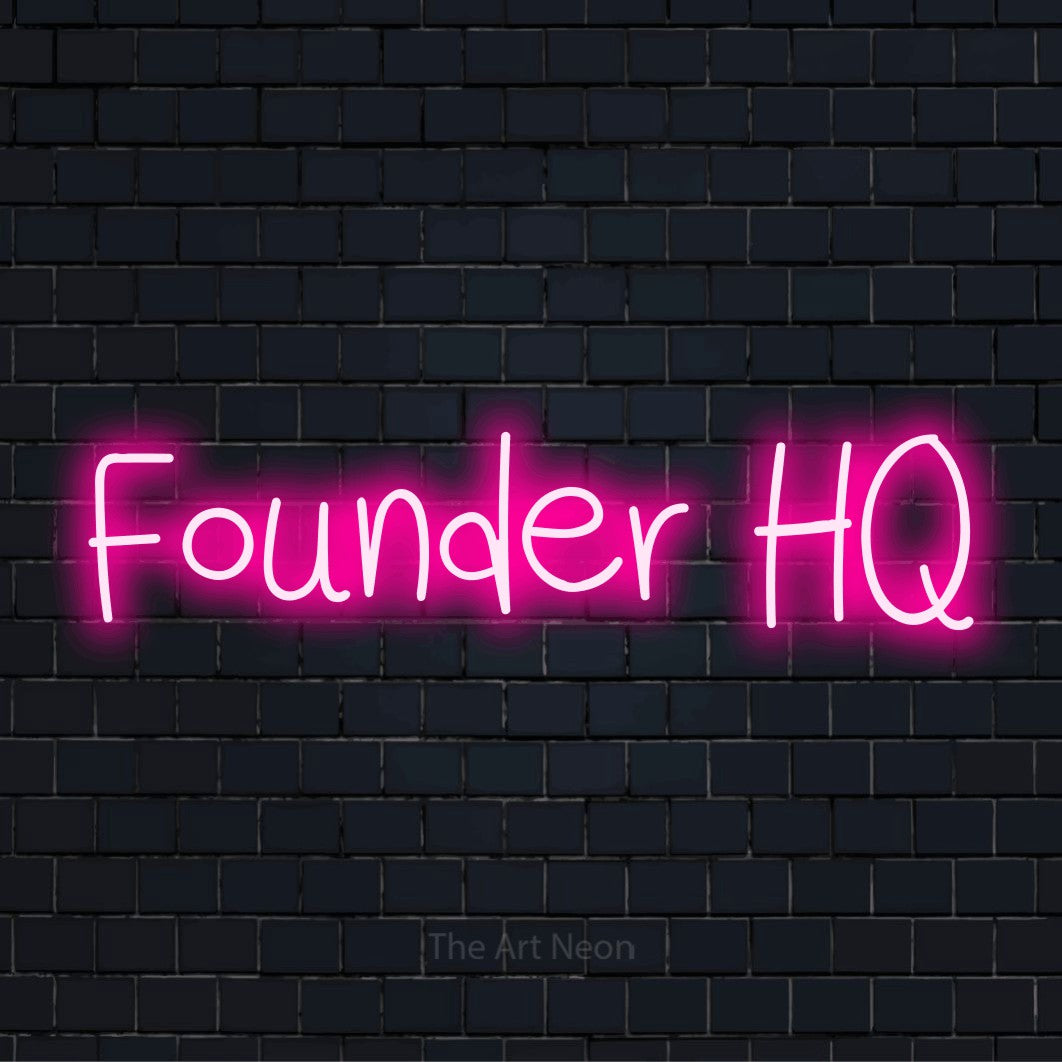 "Founder Hq" text design with neon effect on a black brick wall