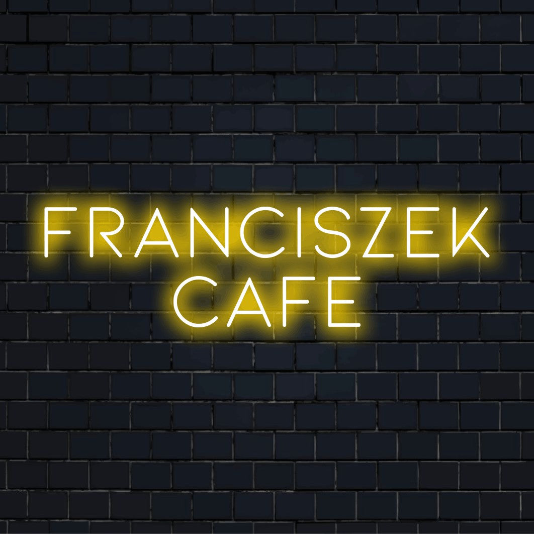 Franciszek Cafe Custom Name Neon Sign, soft neon glow on black brick background