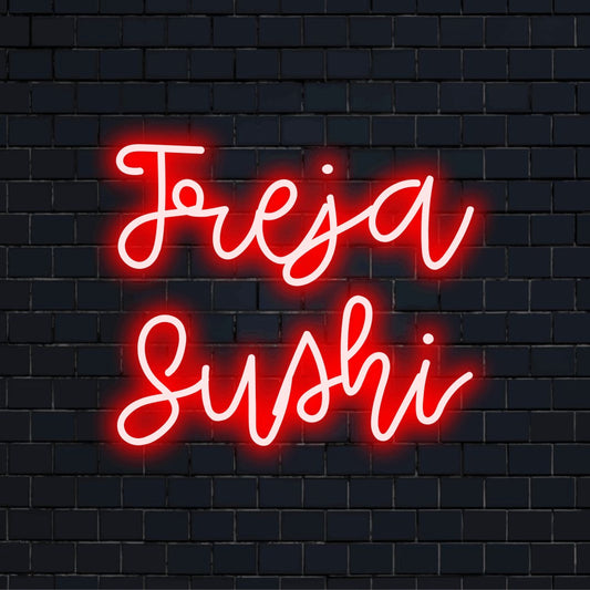 Freja Sushi Personalized LED Neon Sign, soft neon glow on black brick background