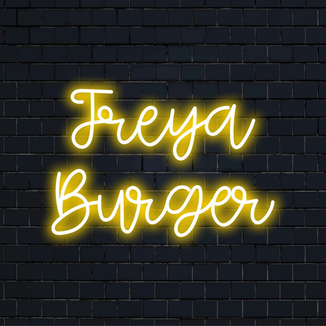 Freya Burger Custom Name Neon Sign, glowing neon text on dark brick wall