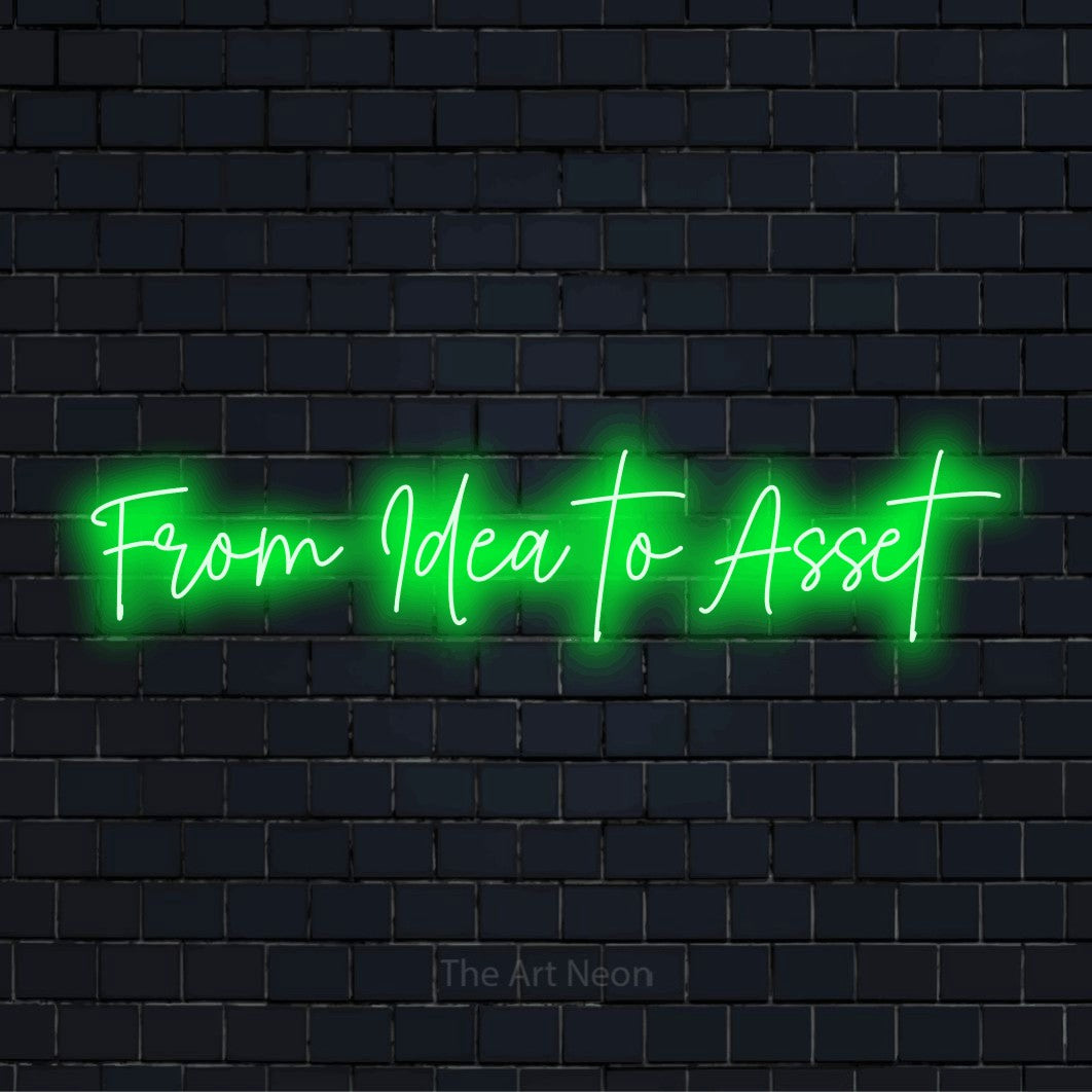 "From Idea To Asset" text design with neon effect on a black brick wall