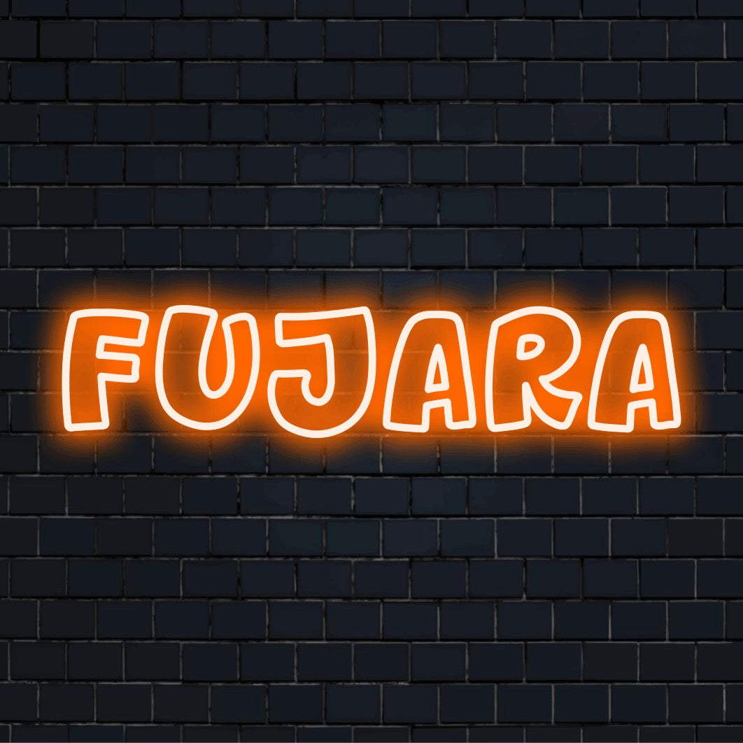 Fujara Neon Sign, soft neon glow on dark brick wall