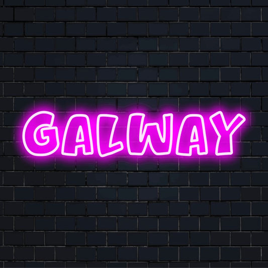 Galway LED Neon Sign, bright neon glow on dark brick background