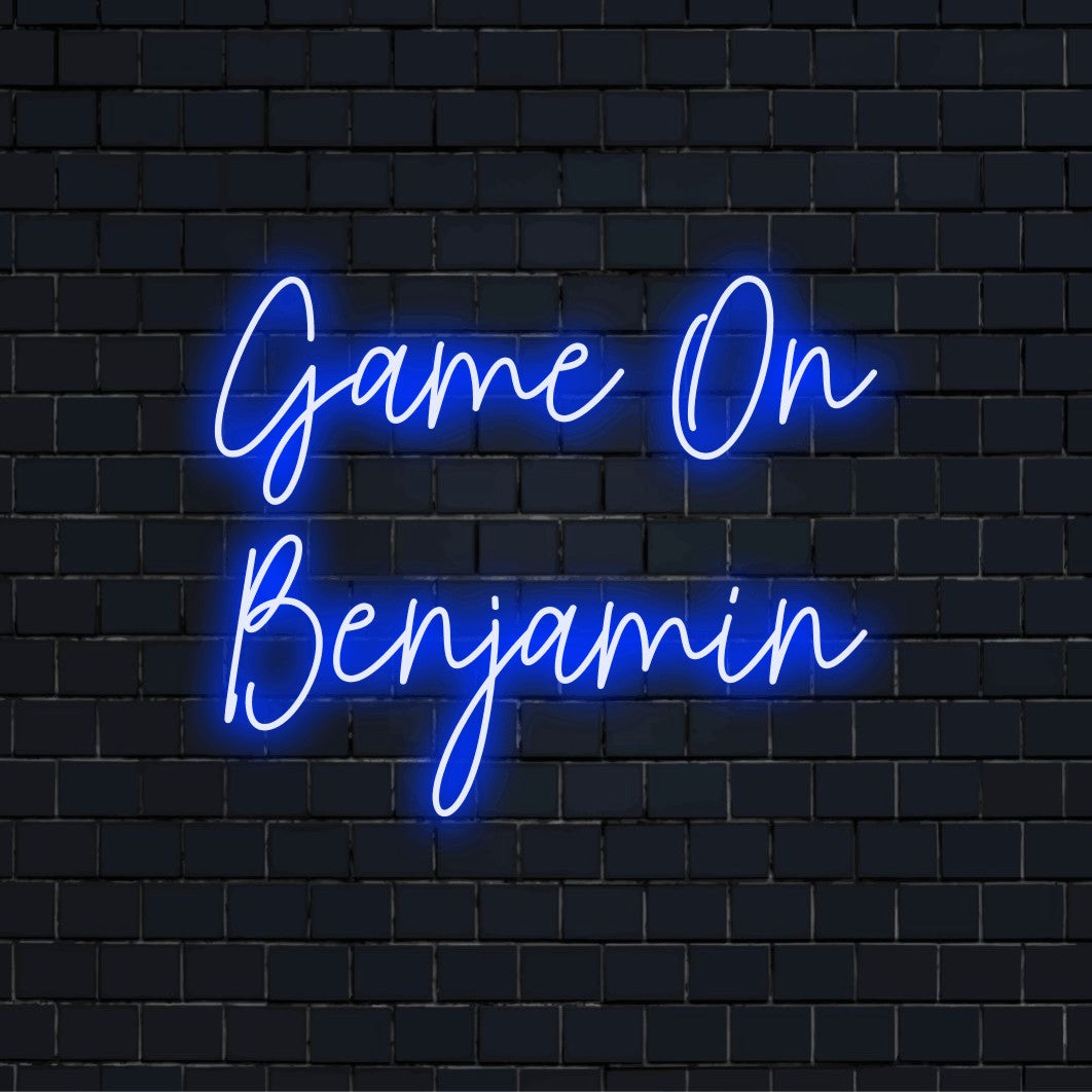 Game On Benjamin Personalized LED Neon Sign, glowing wall decor against brick backdrop