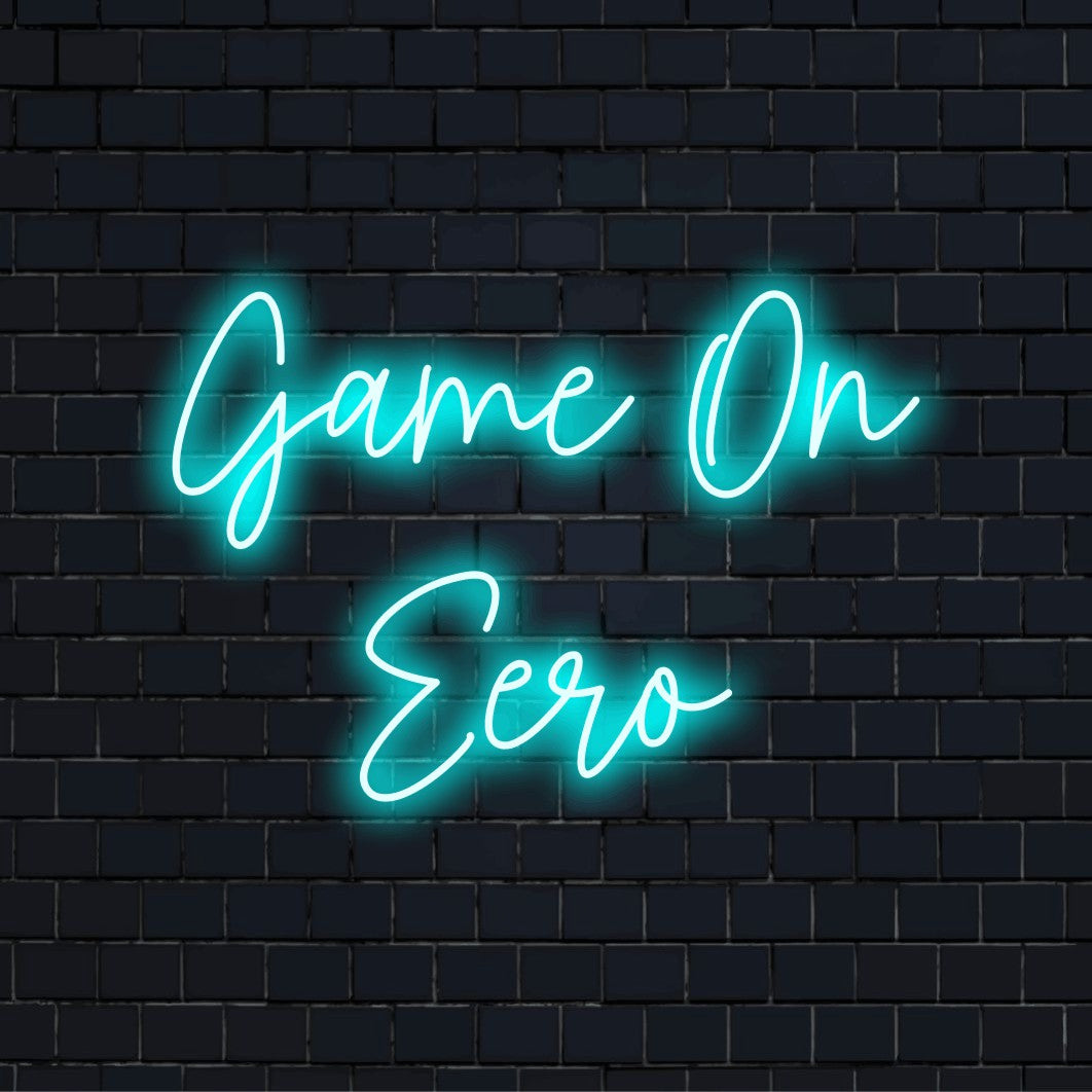 Game On Eero Custom Name Neon Sign, glowing wall decor on dark brick wall