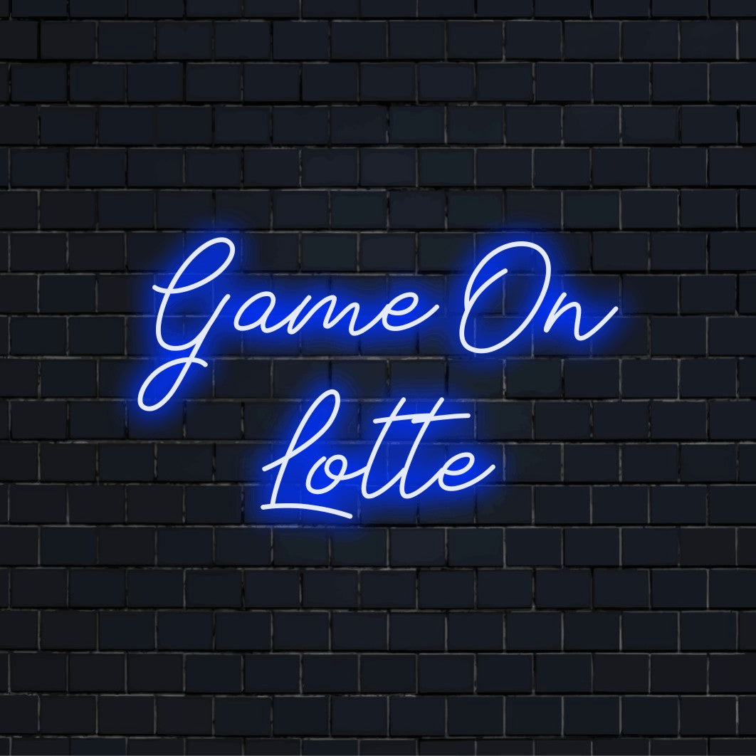 Game On Lotte Custom Name Neon Sign, bright neon lettering on black brick background