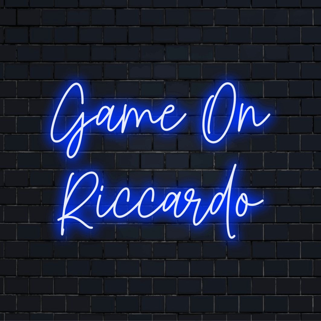 Game On Riccardo Personalized LED Neon Sign, bright LED glow on black brick background